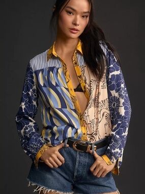 Maeve Paz Button Down Shirt Size Medium Anthropologie Mixed Print Boho Artsy